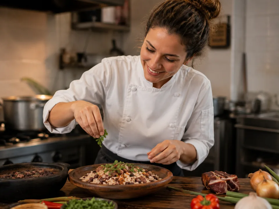 Jovem chef preparando prato em cozinha profissional